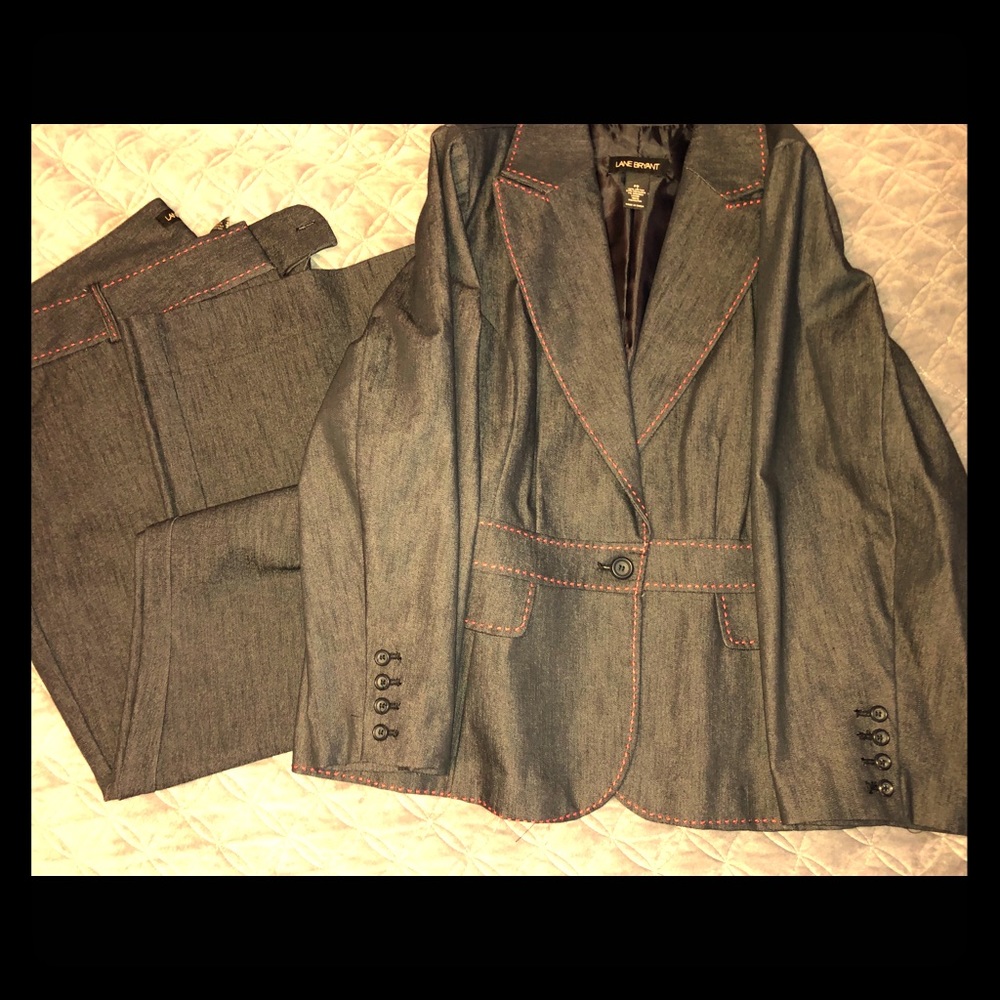 Navy blue suit w/ red stitching